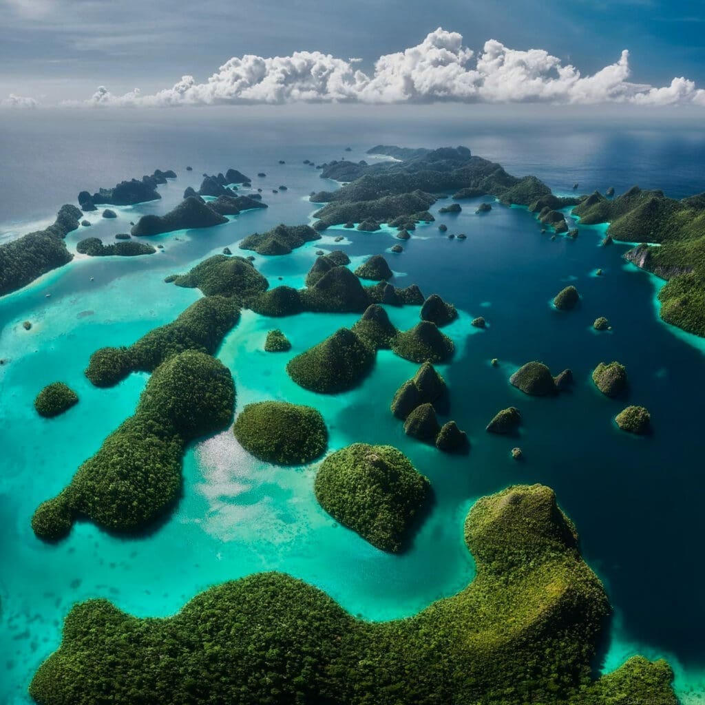 An awe-inspiring aerial view of Wayag’s emerald-green lagoons, pristine coral reefs, and towering karst formations—one of the most iconic sights in Raja Ampat.