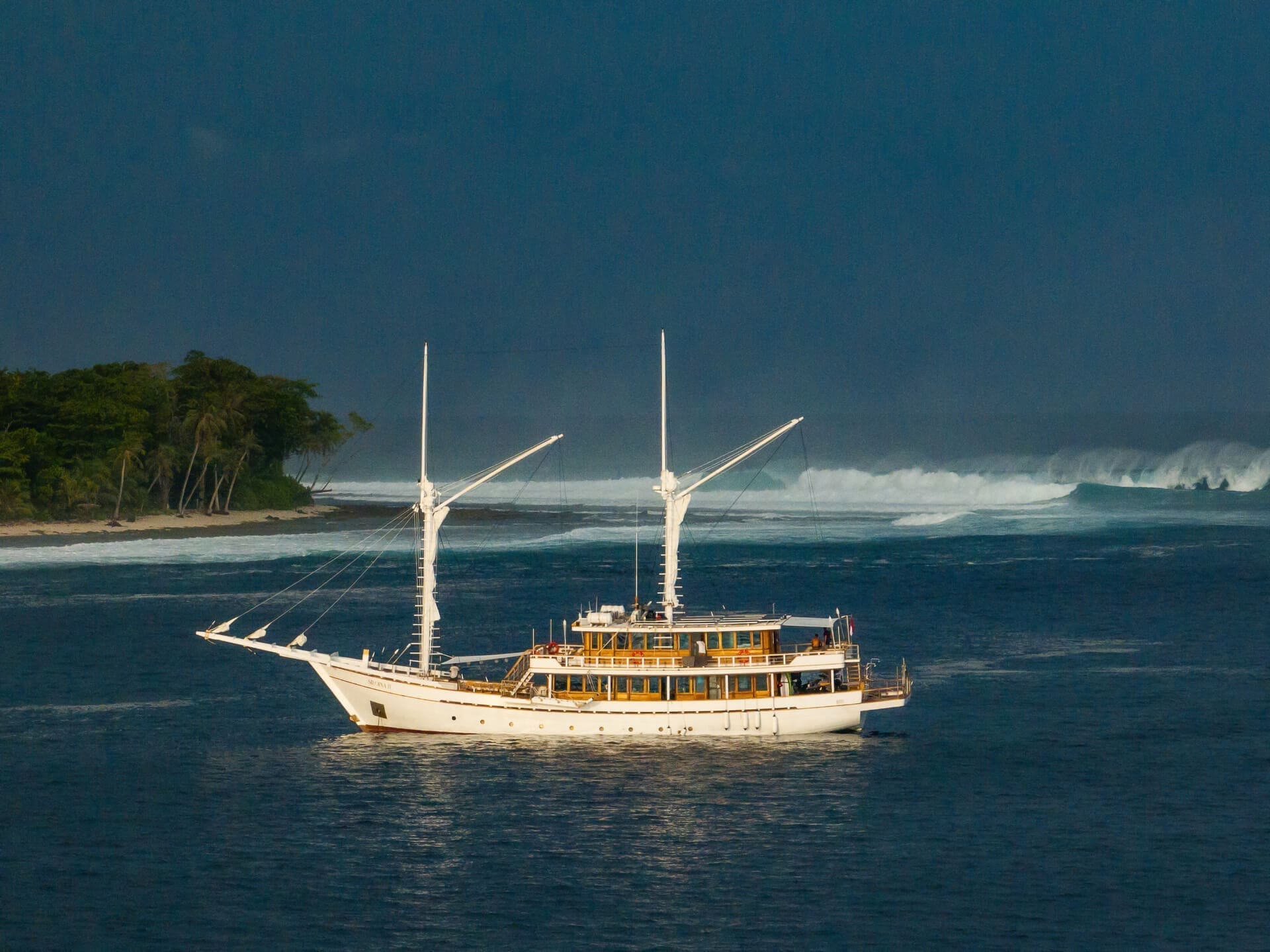 Siloina two anchored off a huge surf break in Mentawai ,West Sumatra